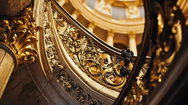 Golden spiral staircase with intricate baroque design in sunlit rotunda