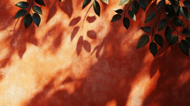 A terracotta-colored wall casts leafy shadows, providing a unique African-inspired textured background