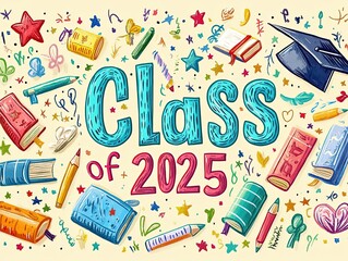 Crayon-Style Graduation Illustration: Books, Pencils, Stars & Caps on Light Background for Invitations or School Events