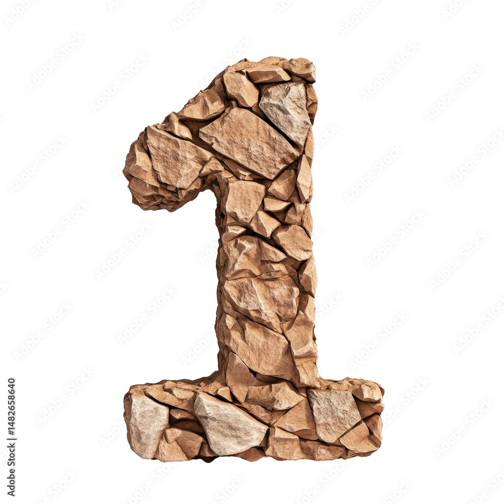 Poster creative image of a number one constructed from natural rocks and stones with detailed texture and r