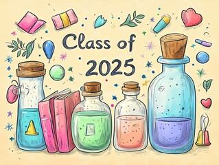 Graduation Magic Vector: Hand-Drawn Potion Bottles with Books and Sparkles on Beige Background for Invitations or School Events