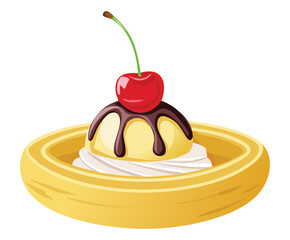 banana cake with cherry topping - vector illustration