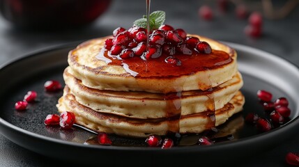 Pancakes with pomegranate syrup on black plate