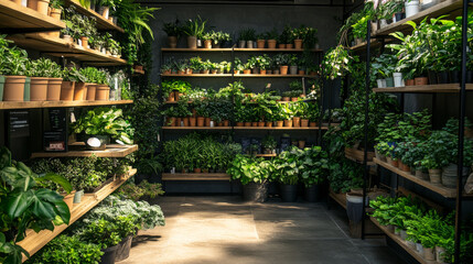 Obraz premium A well-lit indoor plant shop features wooden shelves lined with lush greenery in pots