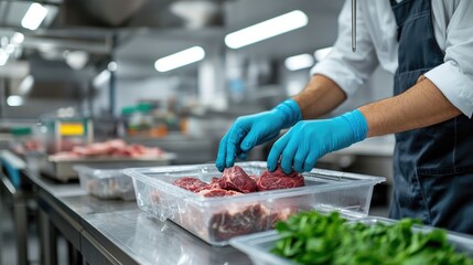 Chef preparing raw meat in a commercial kitchen