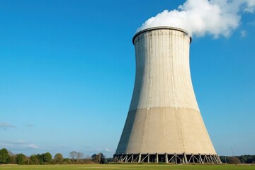 Fototapeta premium Large industrial cooling tower against a clear blue sky Excellent for power generation, industrial, and environmental themes , fossil fuel, concrete