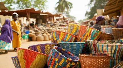 Colorful woven baskets at a bustling African market.