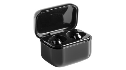 Two earbuds in a round charging case, lid open, two small earbuds, and charging port in round case with lid open, stylish round case for wireless earbuds, on a transparent backgrounds