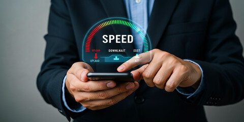 Businessman holding speed gauge icon representing performance optimization and process improvement