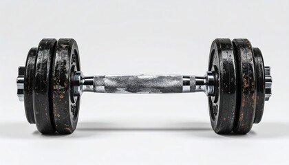 Naklejka premium Weight Training Instrument: A weathered dumbbell, its surface etched with the marks of rigorous workouts. An emblematic tool of strength and discipline, ready for the next rep.
