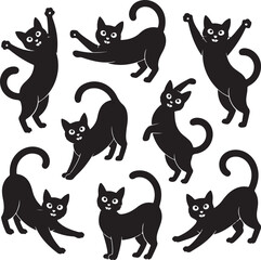 Collection of black cat silhouettes in playful poses, representing feline agility, pets, and domestic animals in vector art