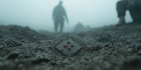 A close-up of a mysterious object on the ground in a foggy landscape, with silhouettes in the background