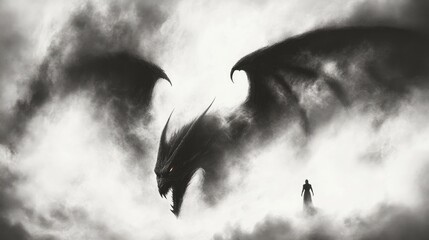 Shadowy dragon looms over a lone figure amidst swirling fog