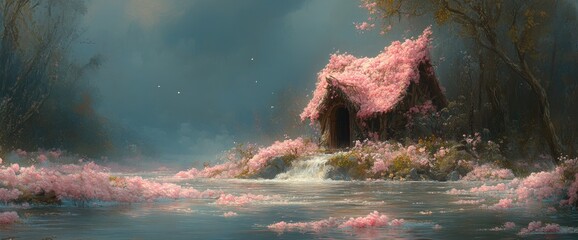 A pink flower-covered cottage nestled near water; surrounded by trees under a serene blue sky