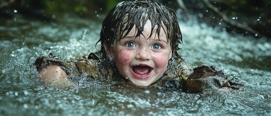Smiling young child swimming in a creek with greenery. Water splashes around the happy, rosy-cheeked kid