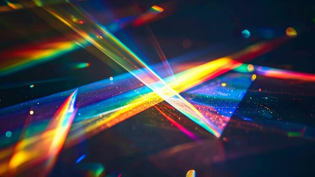 Light diffraction through prisms creates vibrant colors in a mesmerizing display with dark background. Ideal for projects related to light, science, art, or abstract visuals