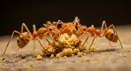 Fototapeta premium Close Up of a Colony of Red Ants Devouring Crumbs on Wood Surface Against a Dark Background