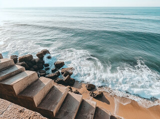 Stairway to the Sea: Coastal Steps Leading to Ocean Waves and Sandy Shore