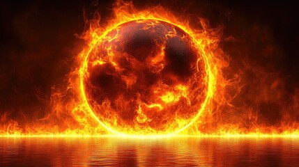 Fiery globe reflected in water