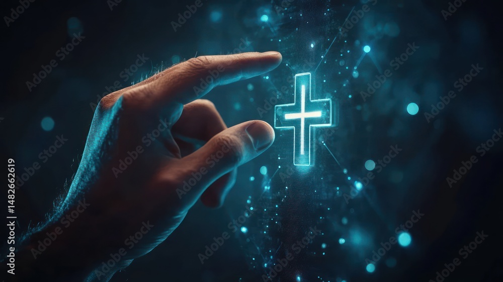 Poster a hand interacts with a glowing cross symbol on a digital interface.