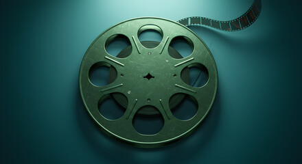 Obraz premium Close Up of Metallic Film Reel on Dark Blue Surface for Motion Picture Memories