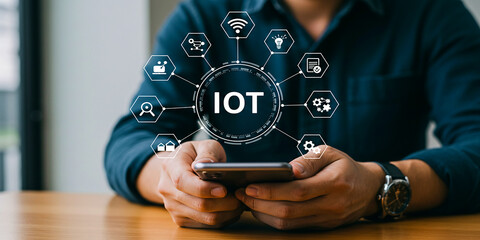 Man holding tablet with IOT icons showing connectivity data exchange and modern smart technology