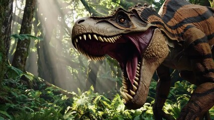 Realistic 3d-rendered dinosaur roaring in lush green jungle with dramatic lighting, symbolizing prehistoric era, adventure and natural history imagination