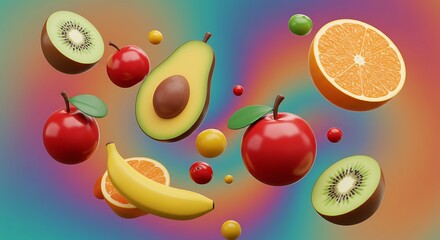 Naklejka premium Fruit still life Apple, banana, kiwi, orange, avocado