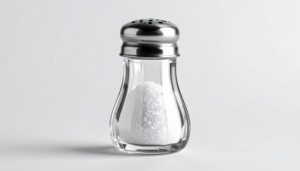 Salt Shaker: A sleek, glass salt shaker stands in stark, sharp focus, capturing the essential simplicity of a staple seasoning.