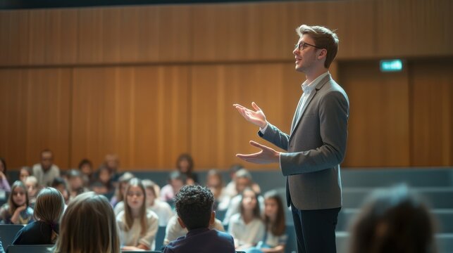 A school principal addressing students in a modern assembly hall.