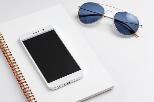 Sunglasses and Smartphone Resting on a Notebook for a Creative Moment Generative AI