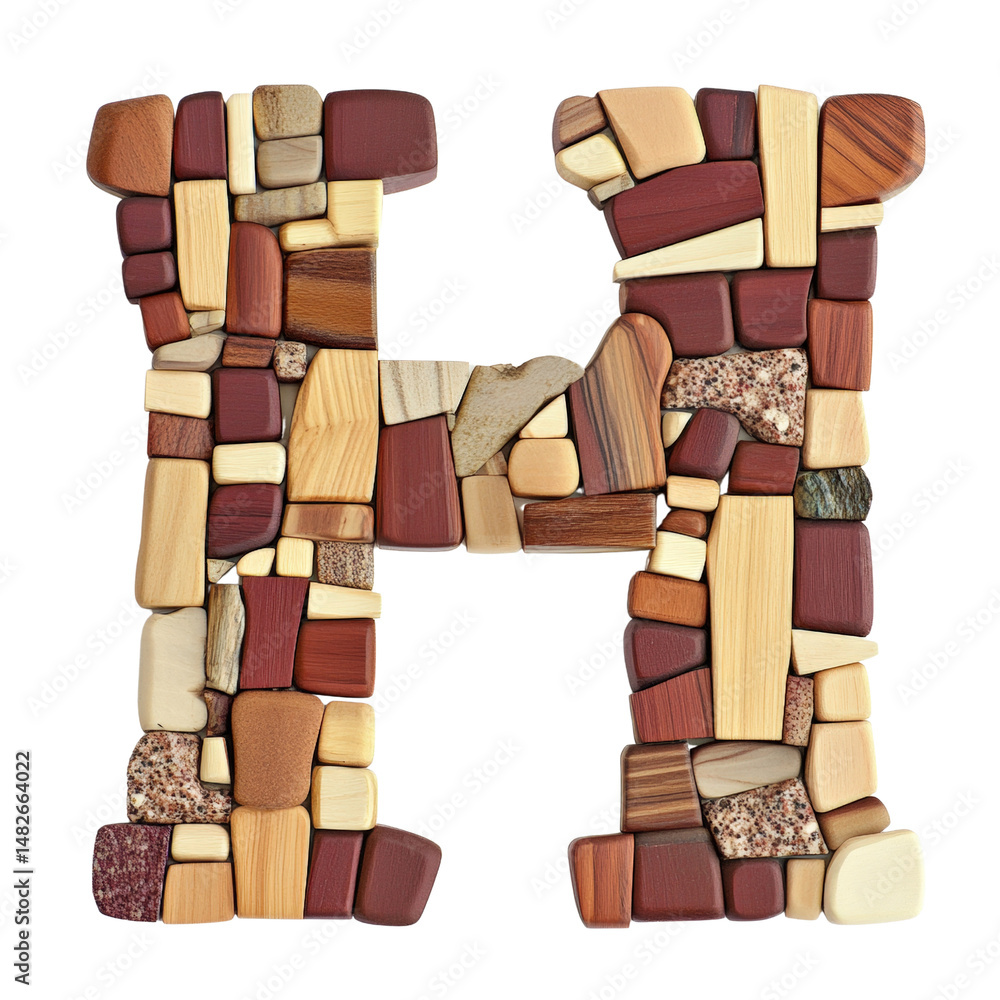 Poster letter h made from assorted wood blocks of various shapes colors and textures with detailed close-up