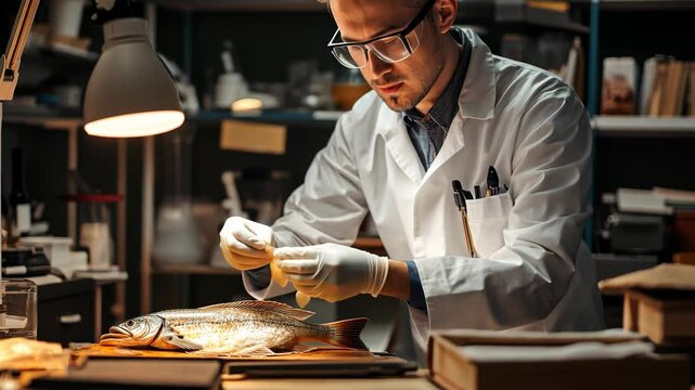 Scientist conducting fish dissection in laboratory for marine biology research
