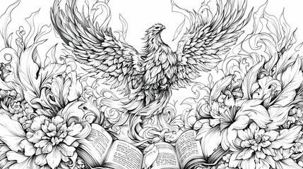 Majestic phoenix soaring above open books, surrounded by ornate floral designs.  Intricate line art