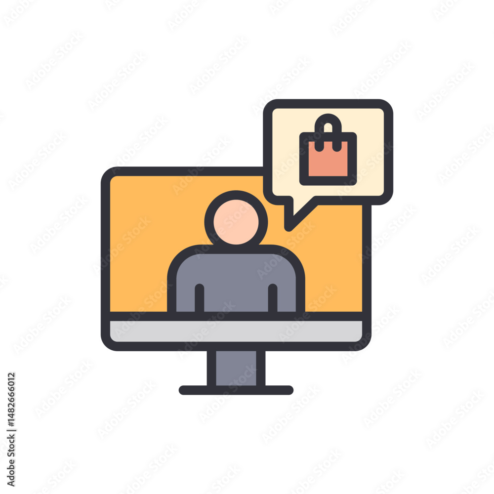 Poster virtual shopping experience on computer screen with speech bubble