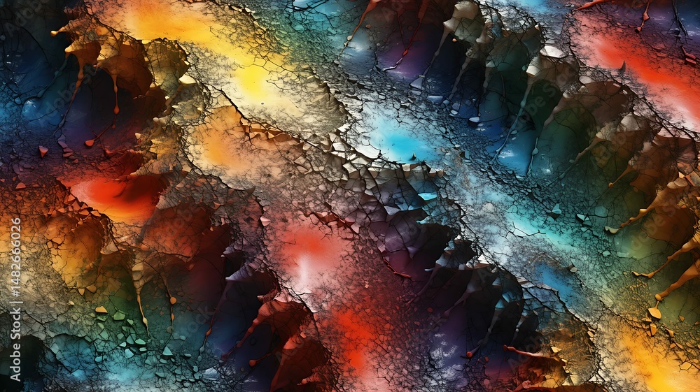 Poster abstract cracked surface with vibrant colors blending in fractured mosaic-like patterns design art.