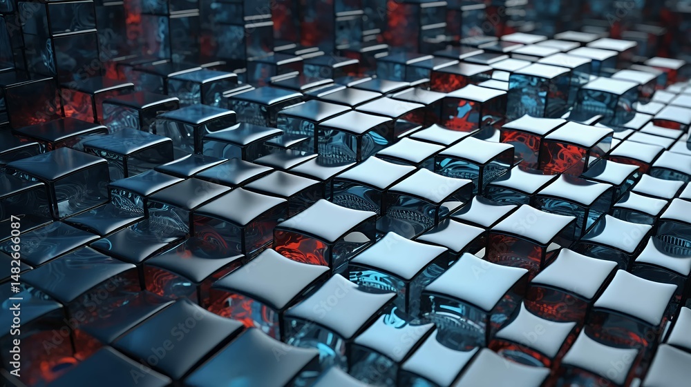 Poster abstract array of glossy cubes reflecting blue and red lights with a futuristic ambience shown.