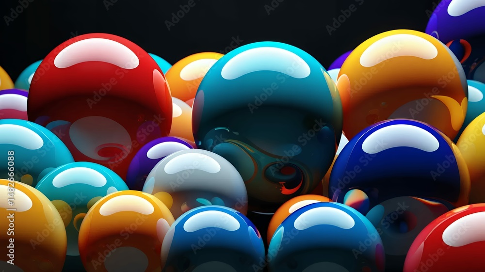 Poster a mesmerizing cluster of glossy, multicolored spheres creates a vibrant and dynamic abstract scene.
