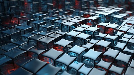 Fototapeta premium Abstract array of glossy cubes reflecting blue and red lights with a futuristic ambience shown.