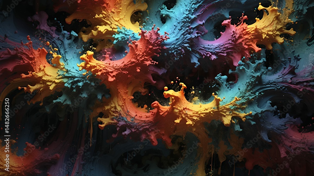 Poster dynamic splash art featuring vibrant colors swirling together in abstract motion and fluid texture.