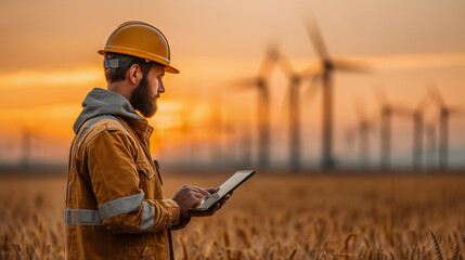 a man standing in a field of wheat looking at a tablet computer with a wind turbine in the background