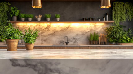 Fototapeta premium Concept image of a marble countertop used for kitchen or yard sign presentation