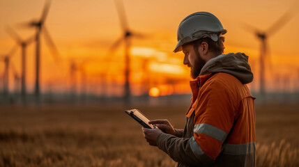 a man standing in a field of wheat looking at a tablet computer with a wind turbine in the background