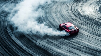 Obraz premium Red sports car drifting on a circular race track creating dramatic smoke effect