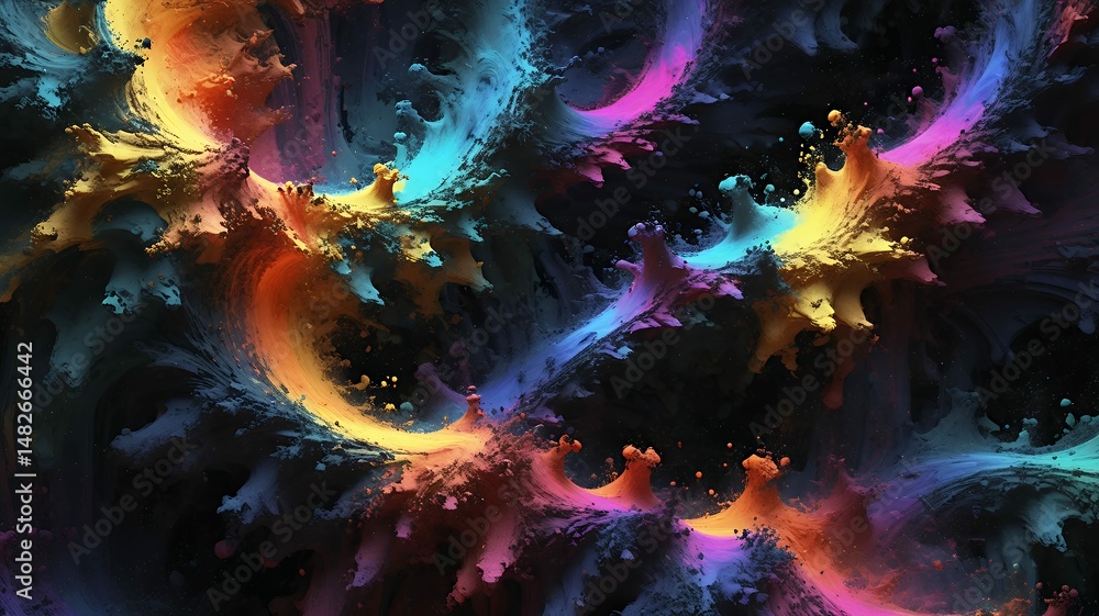 Poster abstract colorful fractal structures emerge in dynamic swirls against a dark, cosmic backdrop.