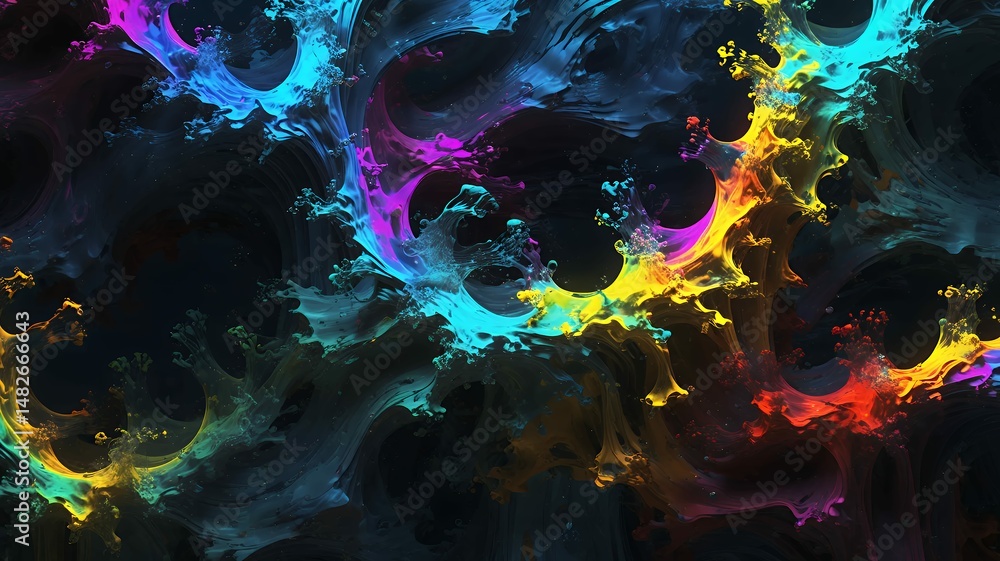 Poster abstract vibrant fluid forms with colorful swirls creates a mesmerizing and dynamic dark background.