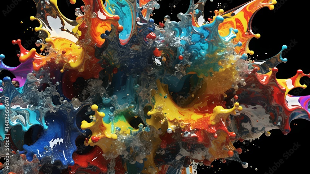Poster dynamic colorful explosion of paint with vivid textures creates a mesmerizing abstract composition.