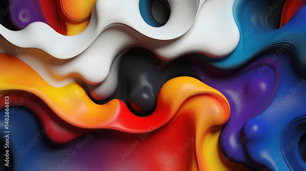 Poster abstract multicolored waves interweave in a layered, fluid composition creating a sense of movement.