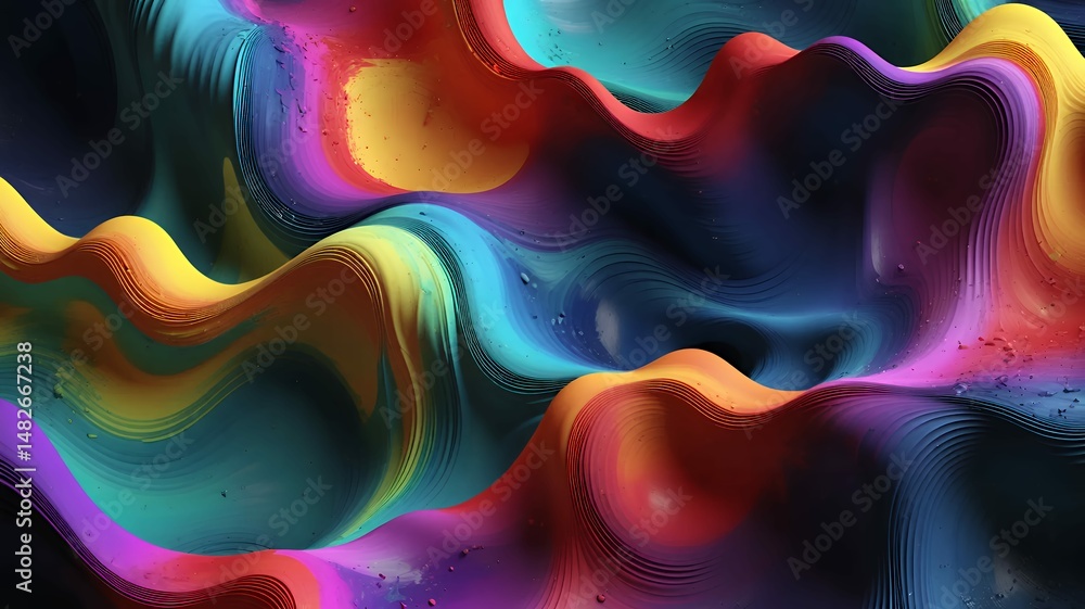 Poster vibrant and dynamic abstract render with undulating layered forms and a rich color palette.