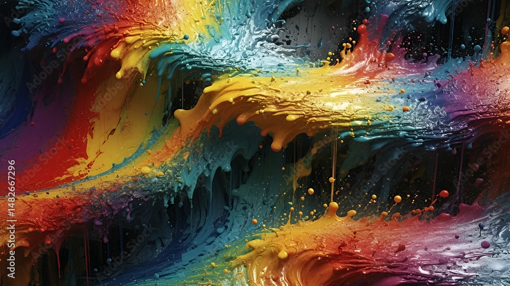 Poster a vibrant symphony of colors collide and blend in a dynamic abstract fluid painting style creation.
